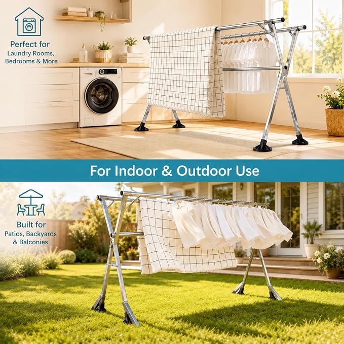 95 Inch Windproof Stainless Steel Folding Clothes Drying Rack | Heavy-Duty Collapsible Laundry Drying Rack for Indoor and Outdoor Use, Clothes Rack with 20 Hooks & 12 Clips