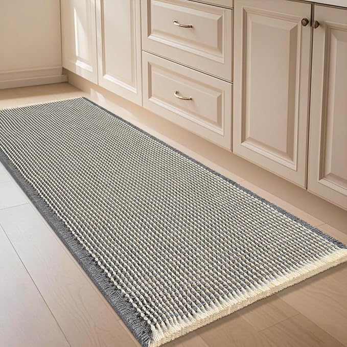 Waffle Bath Mat Grey & Beige 4'x2', Boho Woven Modern Bath Mat Rugs, Absorbent Non Slip Bathroom Rugs, Soft Washable Bath Rugs with Tassels for Bathroom, Bedroom, Kitchen, Shower, Tub