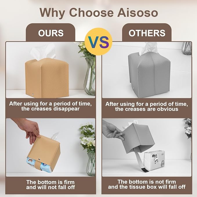 AISOSO 2Pcs Square Tissue Box Cover, Cream, 5.12" X 5.12" X 5.12" | PU Leather, Decorative Tissue Organizer Dispenser Holder, Fit for Bathroom, Desk, Home, Car, Office