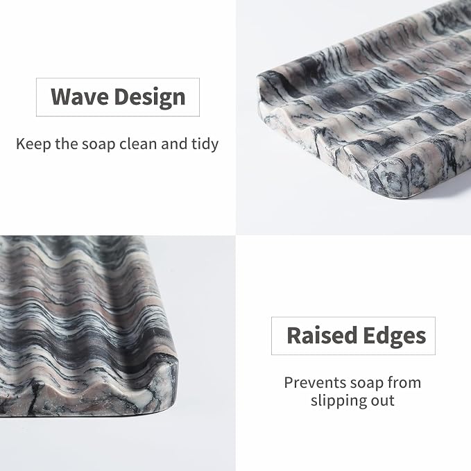 Karibiber Soap Holder for Bathroom, Black Marble Soap Dish for Kitchen Countertop, Soap Tray with Creative Wavy Design, Soap Saver for Bath Tub, Sponges, Italian Natural Stone
