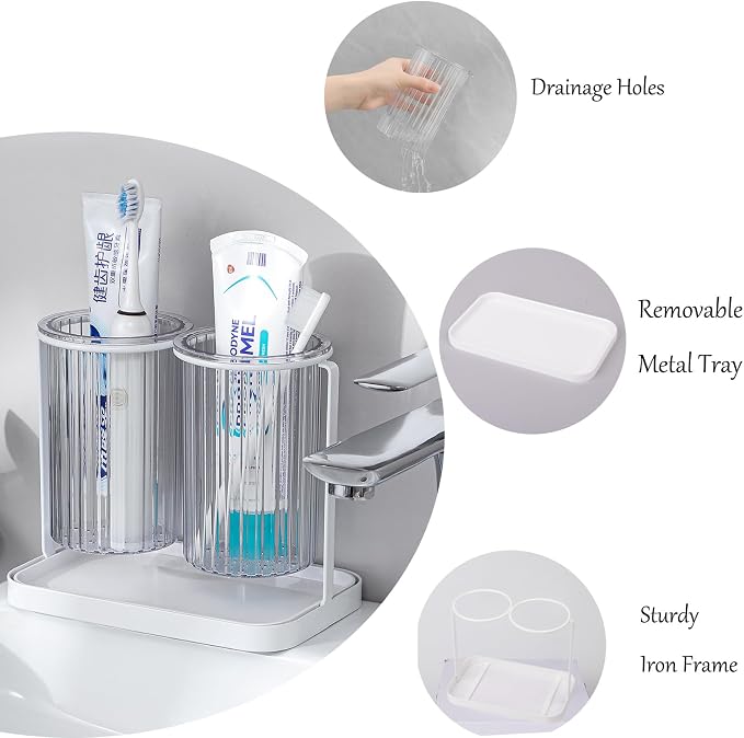Toothbrush Holders with Drain Tray, 2 Slots Hanging Toothbrush and Toothpaste Holder Organizer Bathroom Caddy Countertop for Toothpaste, Razors, Electric Toothbrush - Clear | Detachable, Easy to Clean, Bathroom Organizer for Electric Toothbrush, Razors