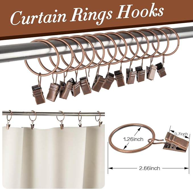 MAQIHAN 40PCS Curtain Rings with Clips - 1.26 Inch Antique Copper Rings | Warm Tone Metal Drapery Clip Rings for Boho Curtains, Macrame Displays, Photos, Crafts, Cafe Panels and Retro Home Decor