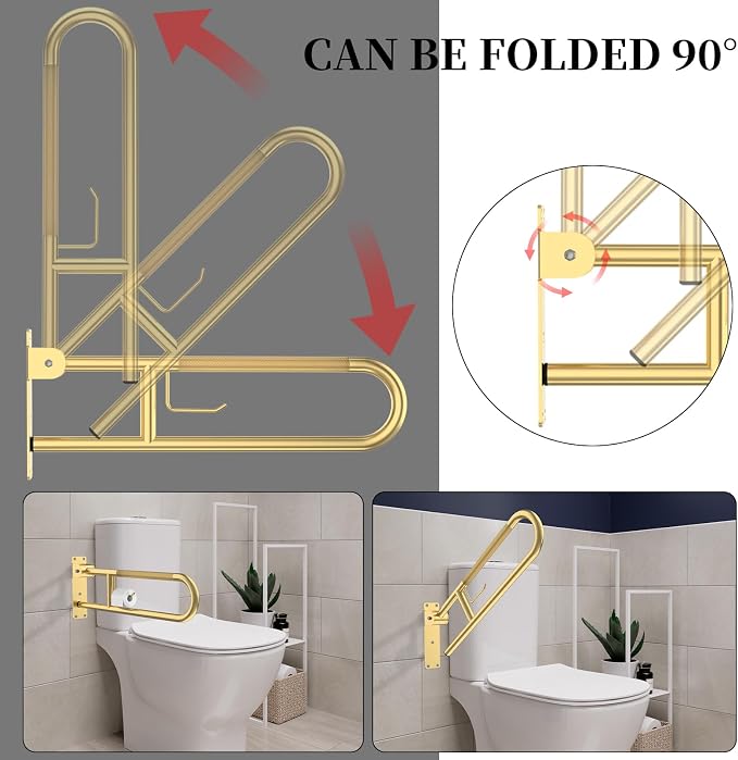 Toilet Grab Bar 32 Inch, YuanDe Flip Up Grab Bar with Paper Holder | Brushed Gold Anti-Slip Safety Bars for Toilet, Stainless Steel Knurled Toilet Handles for Seniors Disabled Elderly Pregnant