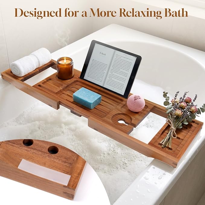 Bathtub Tray, Foldable & Extendable Acacia Wood Bath Caddy with Non-Slip Design, Space-Saving Adjustable Bathtub Shelf for Book, Wine, Tablet, Spa Gift for Women Men