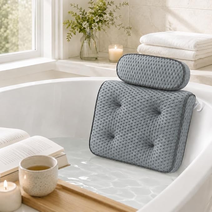 Zyrah Bath Pillows for Tub, Spa Bath Pillow with 72 Micro-Suction Cup Array, 3D Air Mesh Quick Dry, Machine Washable, Ergonomic Neck and Head Cushion for Bathtub - Gray