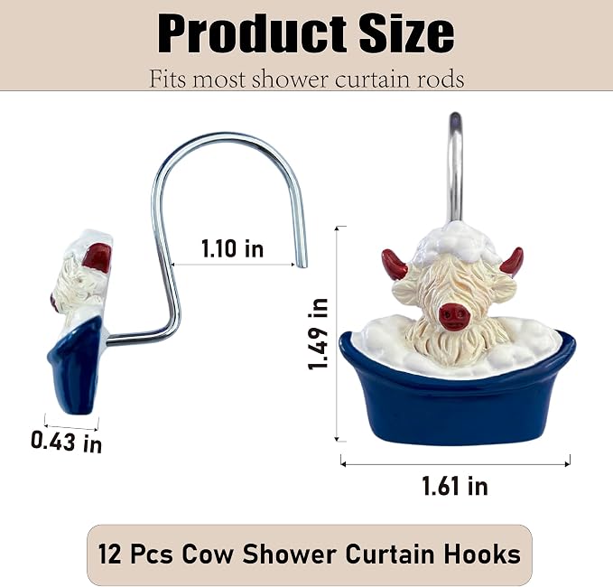 12 Pcs Funny Theme Highland Cow Shower Curtain Hooks for Bathroom Decor | Western Rustic Farmhouse Ring Hangers Bathtub Rust Resistant Highland Cow Decor for Vintage Cowboy Resin Stainless Steel Hook