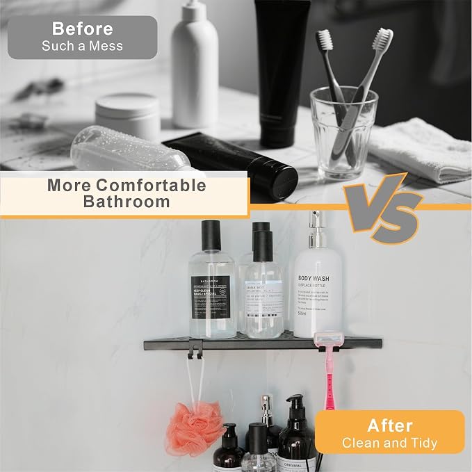 WELLUP Shower Shelf with 4 Hooks,10" Matte Black Corner Shower Shelf 2 Pack | 304 Stainless Steel Corner Shelf Recessed, Shower Corner Shelf for Tile Wall,Holds 15 lbs,Hollowed Drainage,Easy Install