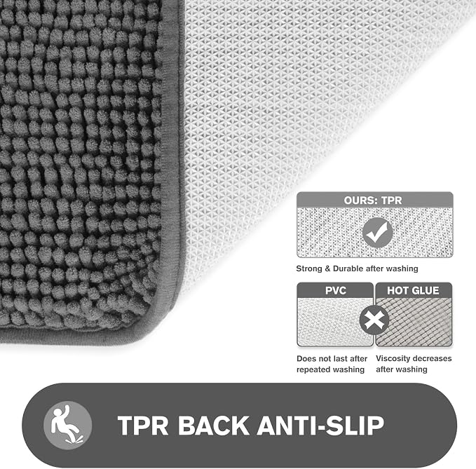 Gray Bathroom Rugs Sets 2 Piece – Absorbent and Washable Bath Mat, Non-Slip, Thick Soft Chenille Bath Rugs for Bathroom Floor, Shower, Sink - 17" x 24"+20" x 32"