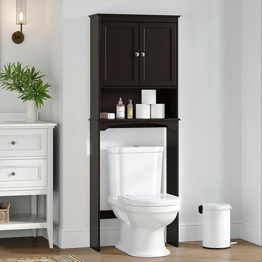 Spirich Over Toilet Storage Cabinet with Doors, Espresso Bathroom Organizer | FSC-Certified MDF, Raised Panel Doors, Adjustable & Open Shelves, Anti-Tip Mount, Fits Behind & Above Standard Toilets
