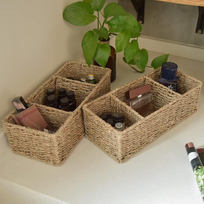 StorageWorks Wicker Toilet Basket Tank Topper, Seagrass Storage Baskets | Wicker Basket, Toilet Paper Storage for Back of Toilet Tank, Woven Baskets for Shelves, Wicker Baskets with 3 Compartments