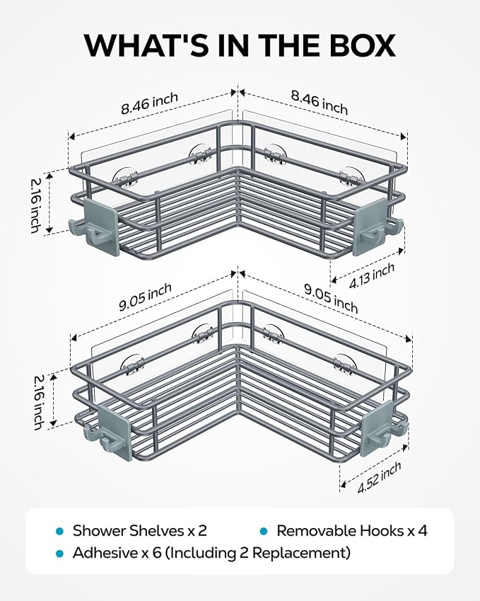 Nieifi Corner Shower Shelves, Adhesive Shower Caddy, Bathroom Organization | Stainless steel, 2 pack, wall mounted, bathroom shelves, shampoo and soap holder, bathtub storage, with hooks, gray