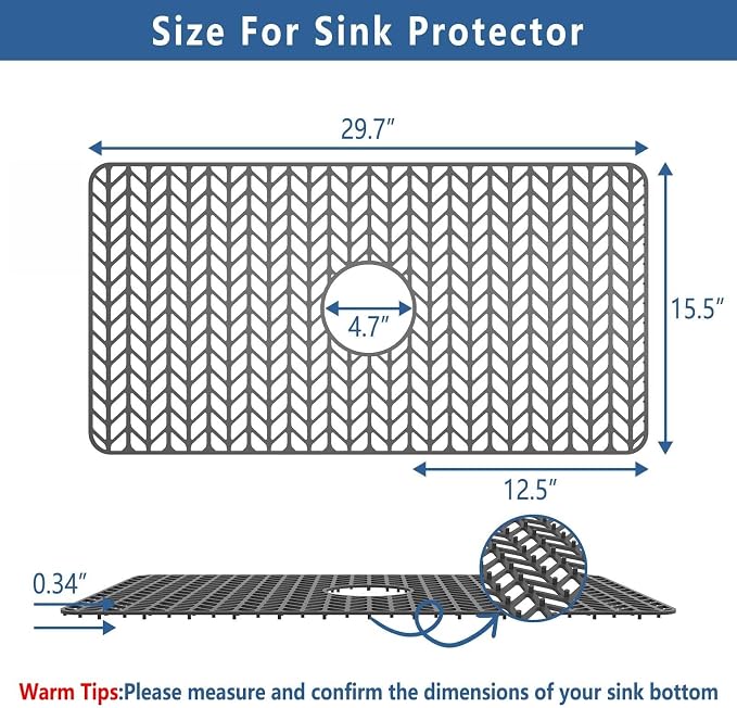 AWOKE Large Silicone Sink Protectors for Kitchen Sink, 30" x 16" Center Drain Hole, Sink Mat for Bottom of Farmhouse Kitchen Stainless Steel Sinks, Raised Feet/Heat Resistant/Non-slip (Gray)