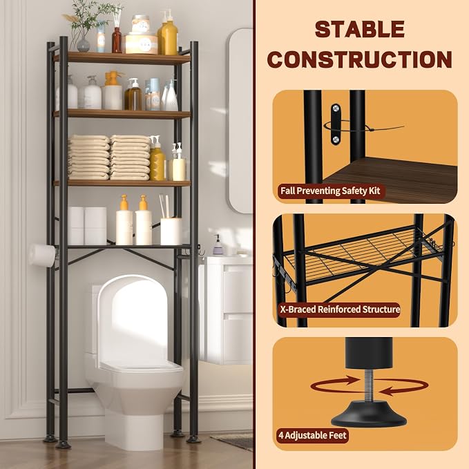 GloTika 4-Tier Over Toilet Storage, Anti-Tilt, 69.3" H, Brown | Anti-Tilt Safety System, 150lb Capacity, Carbon Steel, Freestanding, Anti-Rust Coating, Paper Holder & 4 Hooks