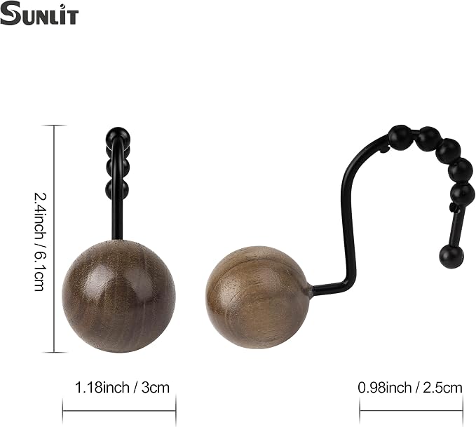 Sunlit Boho Wood Beads Decorative Shower Curtain Hooks, Shower Curtain Rings with Roller Balls, Farmhouse Bathroom Decoration Curtain Hangers Accessories, Set of 12, Walnut Wood