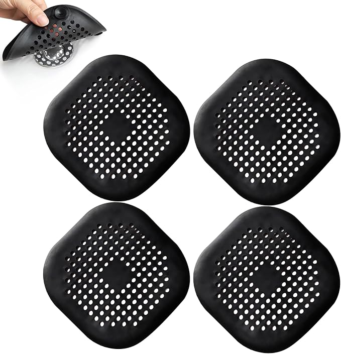 4 Pieces Shower Drain Hair Catcher Bathtub Stopper Home Drain Protectors Drain Cover with Sucker Water Trap Sink Cover for Bathroom Bathtub and Kitchen (Black)
