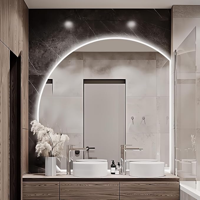 Niccy Half Moon LED Mirror for Bathroom, 44" Backlit + Front Lit Lighted Semi Round Makeup Mirrors for Wall, Anti-Fog, Dimmable 3-Colors, Memory Function, Shatterproof Smart Vanity Mirror