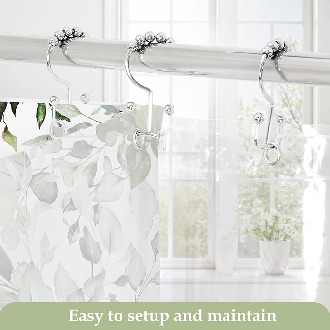 3 in 1 Shower Curtain Set, Sage Green Eucalyptus Curtain 72x84 | Bath Curtain and PEVA Liner Set with 12 Metal Hooks, Waterproof Fabric Bathroom Decor, Machine Washable, Rustproof Grommets