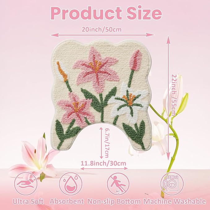 Lily Flower U-Shaped Toilet Mat, Romantic Floral Non-Slip Bath Rug with Wave Edge Design, Soft Absorbent Microfiber Floor Mat for Toilet Base, Machine Washable Bathroom Decor 20x22 (U-Shaped Lily) | Romantic Floral, Non-Slip Bath Rug, Wave Edge Design,...