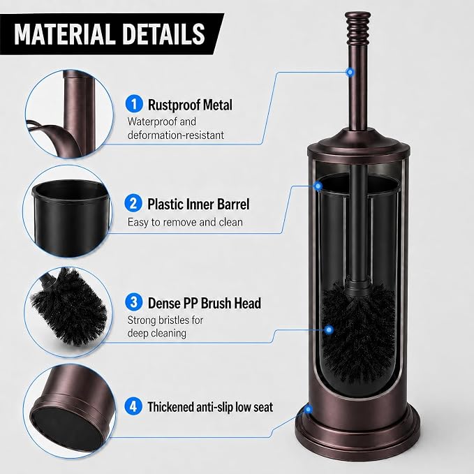 Red Bronze Toilet Brush and Holder Set，Extra Long Handled Toilet Bowl Brush and Holder，Stainless Steel Heavy Duty Toilet Brush for Bathroom,Deep Cleaning Modern Toilet Cleaner Slip Base