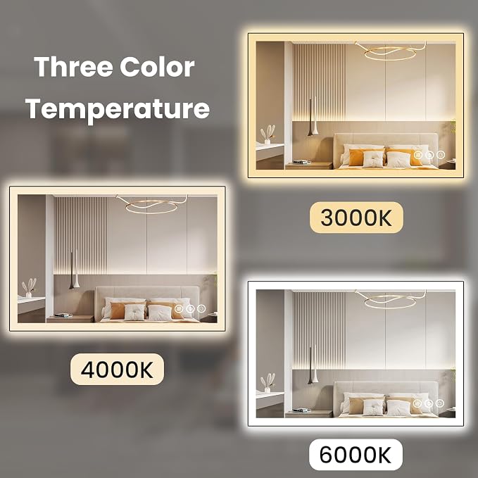 WTTY 40"x32" LED Bathroom Mirror with Black Frame | Aluminum Alloy Framed, Anti-Fog, Dimmable, 3 Color Temperature, Memory Function, Tempered Glass, Lighted Vanity Wall Mirror