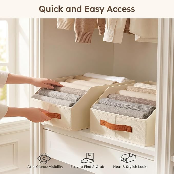 Fabric Storage Bins for Organizing - 10 Pack Large Trapezoid Collapsible Storage Bins with Front Handle, Closet Organizers and Storage for Bedroom, Home Shelves, Small Spaces, Beige
