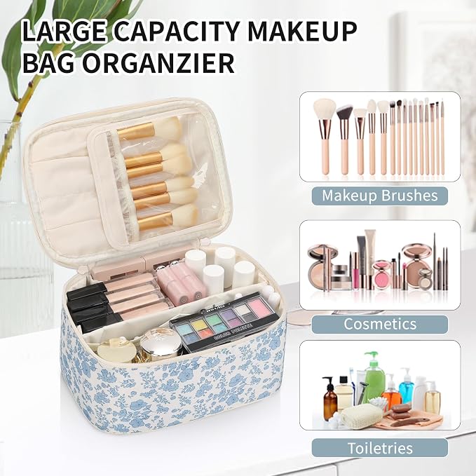 Makeup Bag Portable Cosmetic Bag For Women, Large Capacity Travel Makeup Case Organizer, Toiletry Bag for Girls Traveling With Handle and Divider-Flowers