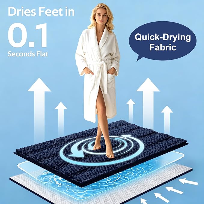 Striped Navy Blue Bathroom Rug Mat Set 2 piece 24"x17"+48"x20" Ultra Soft, Non Slip Chenille Bath Rugs, Absorbent Plush Shaggy Bath Mats for Bathroom, Bedroom, Kitchen, Shower, Tub