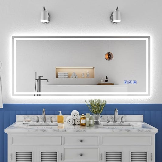 ROVOGO 55"x24" LED Bathroom Mirror with Lights, Fogless, Wall Mounted | Ideal for 60" Vanities, Dimmable Backlit Mirror 3 Color Temperature, Memory Function, Lighted Vanity Wall Mirror Shatterproof