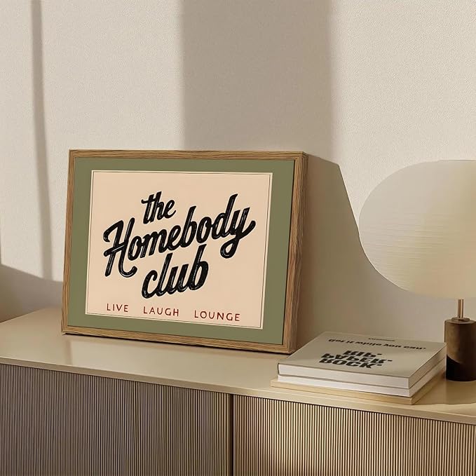 Funny the Homebody Club Sign Wall Art Vintage Homebody Wall Decor Picture Trendy Teen Boy Quote Room Poster Canvas Painting Print for Living Room Bedroom 12x16 inch Wood Framed