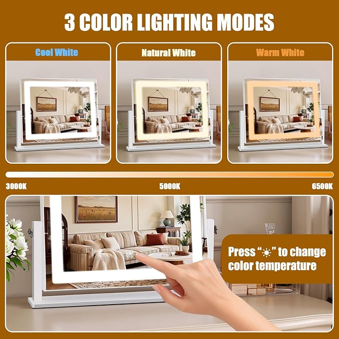 Rechargeable Vanity Mirror with Lights, 3000mAH Battery, 16"×12" LED Makeup Mirror, 10X Magnification, Smart Touch with 3-Color Lighting, 360° Rotation, Lighted Up for Makeup Desk, Bedroom (White)