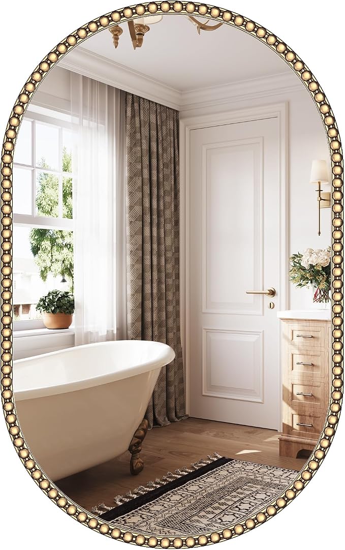 24"x36" Champagne Bronze Bathroom Mirror,Oval Brass Vintage Mirror | Gold Beaded Wall Mirrors with Metal Frame, Antique Vanity Mirror for Over Sink,Entryway,Bedroom,Living Room Fireplace Mantel