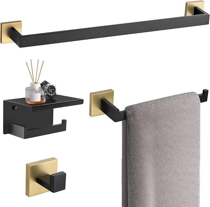 TURS 4-Piece Bathroom Hardware Set Brushed Gold and Black Towel Bar Set Include Towel Bar Hand Towel Holder Toilet Paper Holder with Shelf Robe Hook Stainless Steel Bathroom Accessories Sets