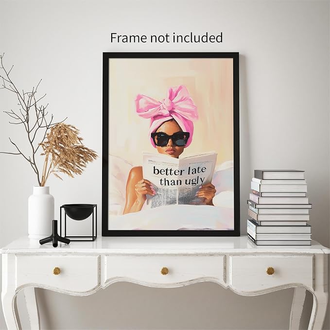 Haitunone Better Late Than Ugly Canvas Wall Art Feminist Newspaper Quotes Poster Trendy Preppy Girly Aesthetic Prints for Bathroom Home Bedroom Wall Decor 16X24 inch Unframed