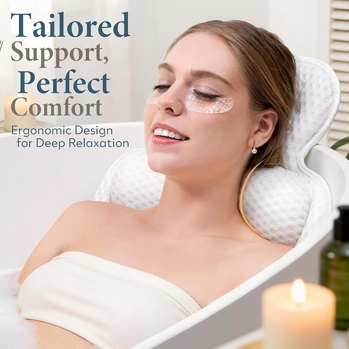 Bath Pillows for Tub, Comfortable Bathtub Cushion for Head and Neck with Soft 3D Mesh Fabric and 54 Non-Slip Suction Cups, Relaxing Tub and Shower Accessories Spa Gift Beige Extra Thick