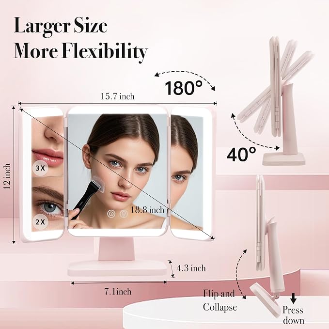 SIMETRA 15.6'' Rechargeable Makeup Mirror with Lights, 156 LED Magnification Vanity Mirror with 3 Colors Lights, 3000mAh Lighted Mirror, Touch Control Trifold Mirror for Women Travel Desk