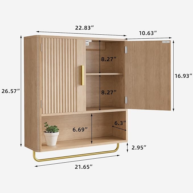 Bathroom Wall Cabinet, Medicine Cabinet with Fluted Door & Adjustable Shelf | Over The Toilet Storage Cabinet with Towel Bar, Space-Saving Cabinet Wall Mount for Laundry Room, Kitchen, Living Room