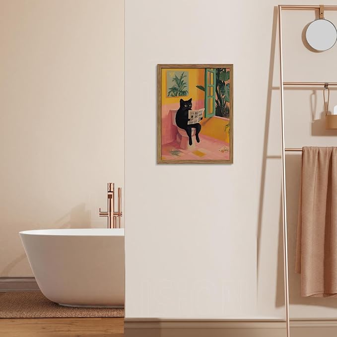 Funny Cat Bathroom Wall Art, Cute Black Cat Sitting on Toilet Reading Newspaper Wall Decor Painting, Whimsical Animal Canvas Artwork Prints Pictures for Bathroom Restroom 12x16 Inch Framed