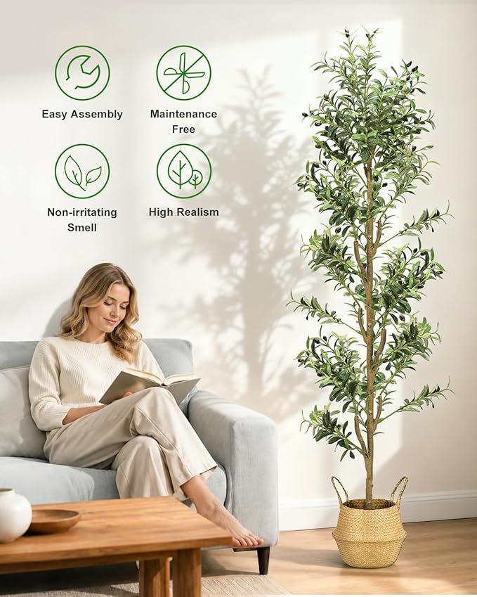Olive Trees Artificial Indoor 7Ft Tall Faux Plants Large Fake Olivos Tree | Dynamic Lighted Decor,With White Planter & Woven Basket,Realistic Branches and Fruits For Home Hotel Lobbies Office