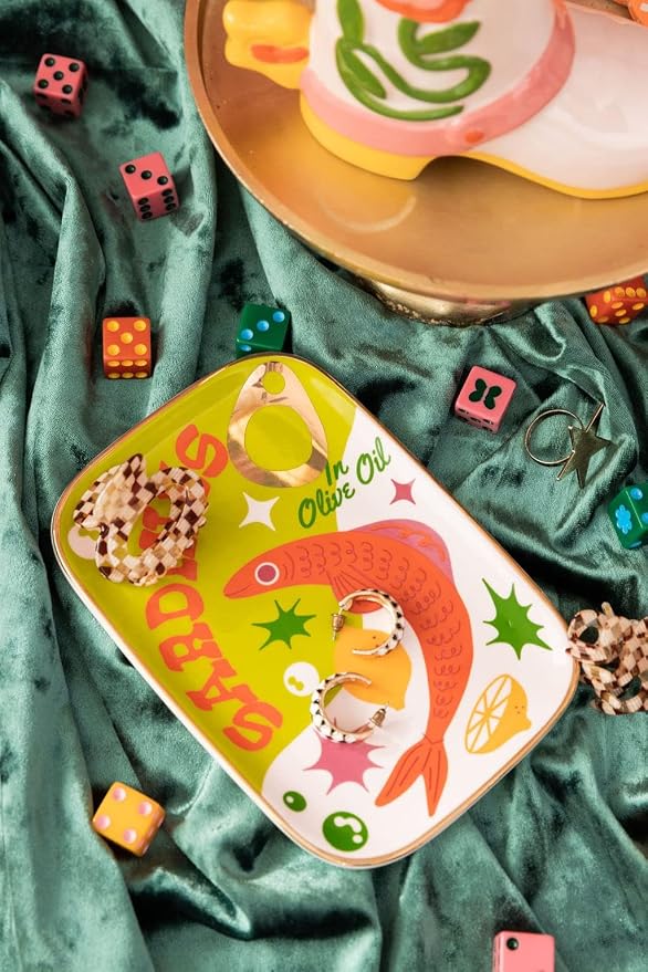 ban.do Novelty Ceramic Trinket Tray, Sardines | 6.5" x 4.5" Jewelry Dish, Small Decorative Tray for Keys or Decor, Cute Food Theme Catchall Tray with Gold Foil