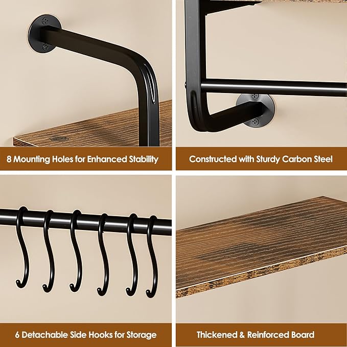 3 Tier Industrial Pipe Floating Shelf, 24" Kitchen Wall Shelves | with Towel Bar & 6 Hooks, Coffee Bar Shelves Display Bookshelf Wall Shelf for Kitchen, Bathroom, Home Décor, Rustic Brown