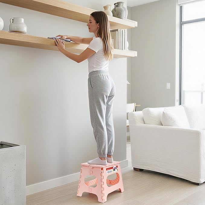 11" Folding Step Stool for Kids, Non-Slip Foldable Stool, Light Pink | Heavy Duty Collapsible Foot Stool, Lightweight with Built-in Handle, Holds 300 lb for Adults Kitchen Bathroom Bedroom Outdoor