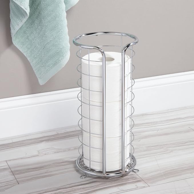 mDesign Metal Free Standing Toilet Paper Organizer Stand - 3 Rolls of Jumbo Toilet Tissue Storage - Bathroom Decor Accessory for Under Sink, Vanity, and Inside Cabinet Shelf - Omni Collection, Chrome