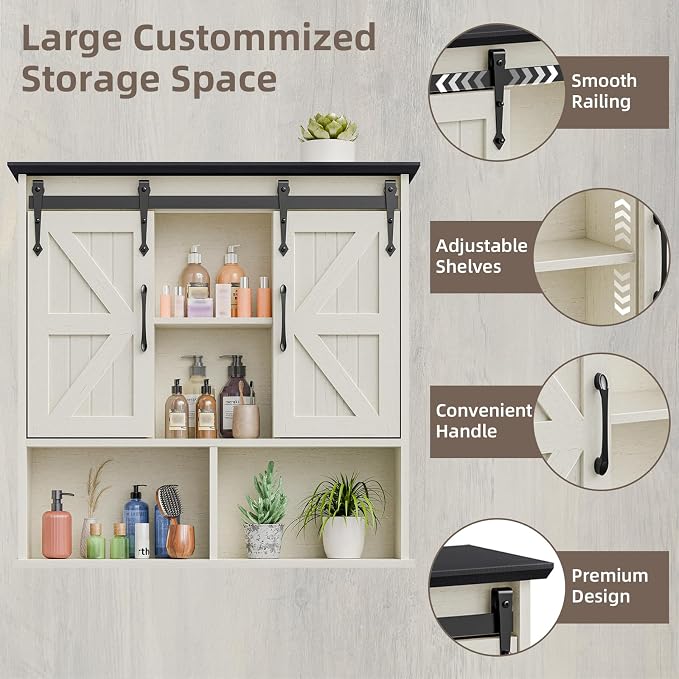 Vabches Bathroom Wall Cabinet, Farmhouse Medicine Cabinet, White and Black | Wooden Vintage Storage Cabinet Wall Mounted with Double Sliding Barn Door and Adjustable Shelf for Bathroom, Kitchen