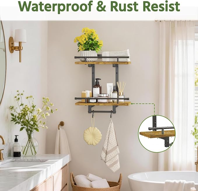 LASZOLA Floating Plant Shelves Holder Wall Mounted Indoor, 2 Pack Brown | 2 Tier Window Hangers Stand with Hooks, Metal and Wood, Flower Hanging Display Rack for Bedroom Living Room Kitchen Decor