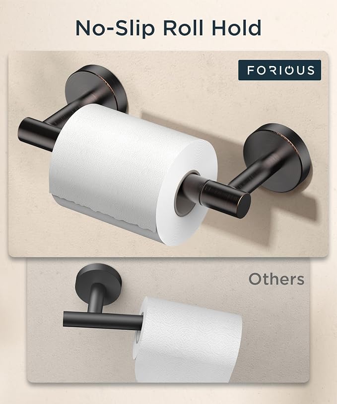 FORIOUS Commercial Toilet Paper Holder Wall Mount Bathroom Tissue Holder | Oil Rubbed Bronze | SUS304 Stainless Steel Rustproof | Double Post Pivoting Toilet Paper Roll Holder | Screw-In | Round Base