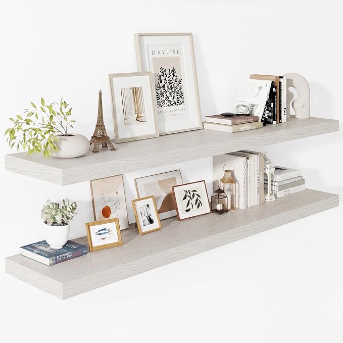 Vivelove Deep Floating Shelves 55x12” Set of 2, White Birch | Easy Install With Hardware, 2" Thick, Invisible Brackets, Wall Mounted, No Sagging, For Any Room