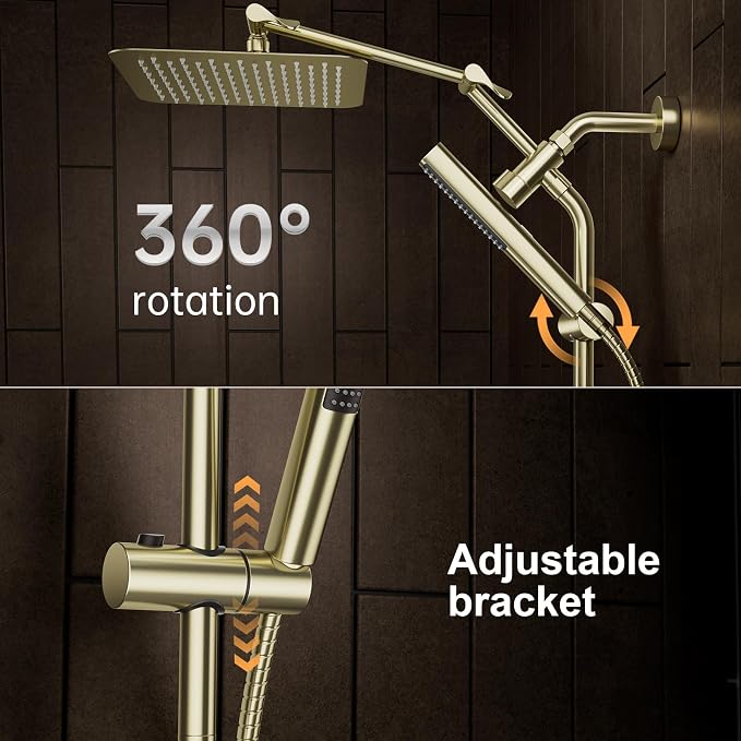 Veken All Metal 10" Luxurious Brushed Gold Rain Shower Head with Handheld | Dual High Pressure Shower Heads,Double Detachable Showerhead, Square Adjustable Rainfall,Bathroom Upgrade,Best Showerheads