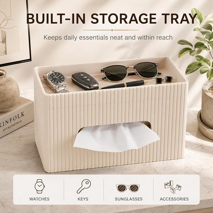 Ribbed PU Leather Tissue Box Cover with Storage Tray, Rectangular Facial Tissue Holder for Bathroom Vanity, Nightstand & Office Desk, Modern Decorative Tissue Dispenser (Warm Beige)
