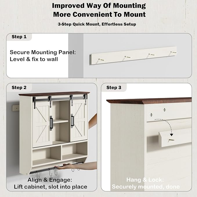 RUSTOWN Farmhouse Bathroom Wall Storage Cabinet with Sliding Barn Doors | 3-Tier, Rustic Wood Wall Mounted Cabinets, Vintage Medicine Cabinet, Adjustable Shelves, Over The Toilet Storage Cabinet