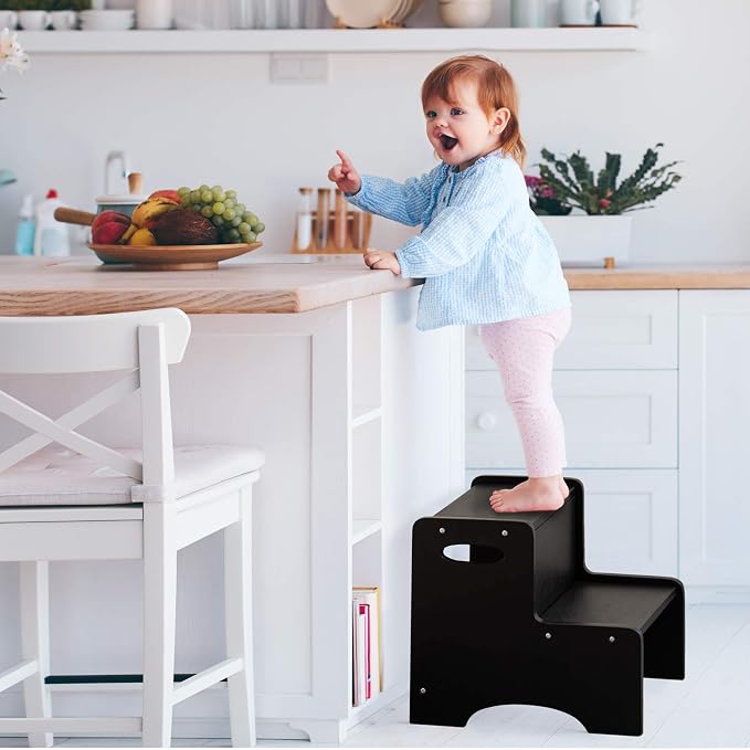 Toddler Step Stool, Wooden 2 Step Stools for Bathroom Sink Potty Training Kitchen Dual Height Stool Helper for Kids Bonus Non-Slip Pads and Handles for Safety (Black)